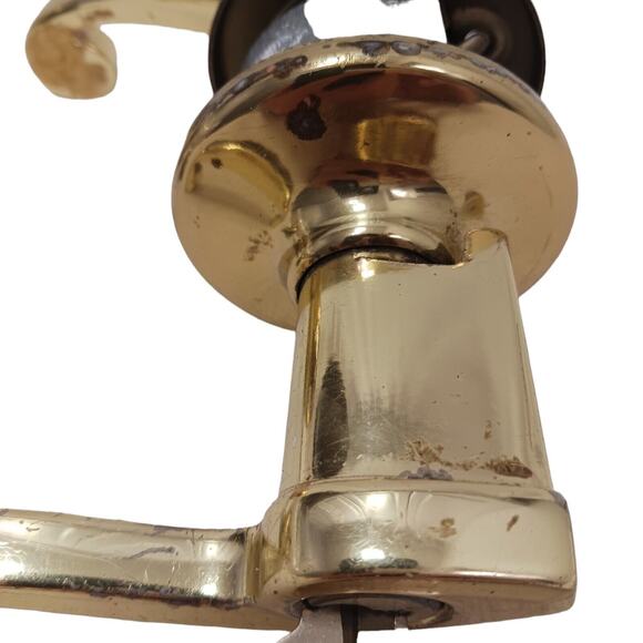 80s Brass French FRONT DOOR KNOB & DEADBOLT Fixtures w 2 Keys Gold Retro Handle - Picture 4 of 16